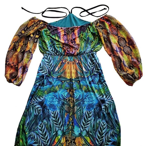 VENUS Maxi Dress Bright Colorful Tropical Print Off Shoulder Boho Flowy Long S - Picture 7 of 15
